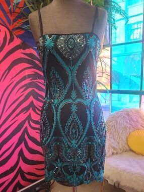 Black Mini Dress with Teal Embroidered Beadwork